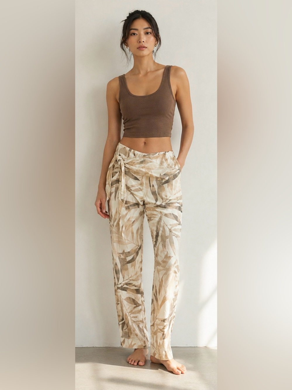 Dynamite Cream Ankle Cropped Pants with Tropical Print
